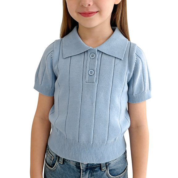 GiLiling Kids Collared Knit Shirt - Short Sleeve Solid Color Lightweight Sweater Polo Top for Boys Girls Summer Wear (Sky Blue, 7-8 Years)
