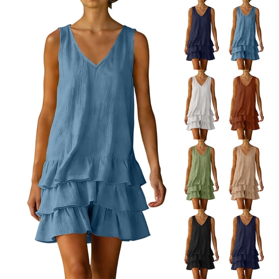TAGOLD Womens Sleeveless V-Neck Dress Linen Fabric Solid Color Loose Casual Dress For Summer Outdoor