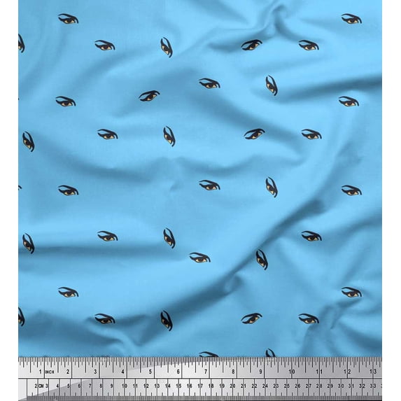 Soimoi Blue polyester Crepe Fabric Eyes Face Fabric Prints By Yard 52 Inch Wide
