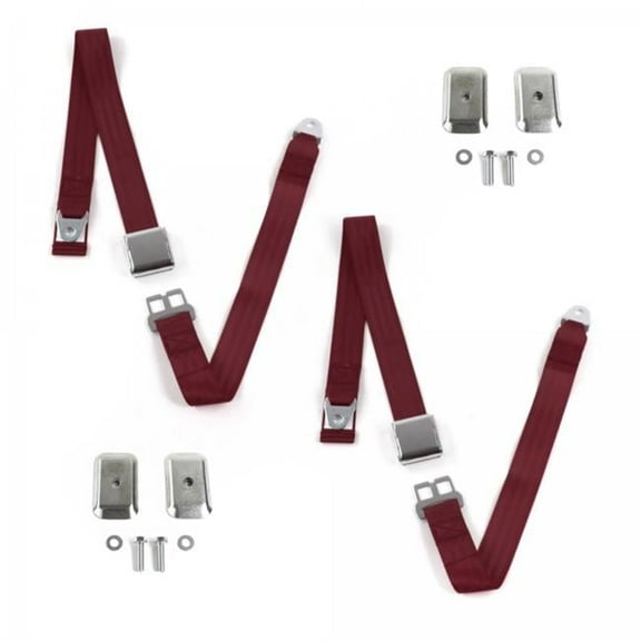 Airplane 2 Point Burgundy Lap Bucket Seat Belt Kit with Bracketry for Chevy Cavalier 1982-1994 - 2 Belts