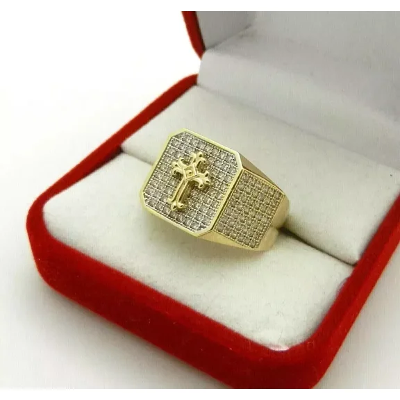 2 Ct Round Cut Real Moissanite Men's Cross Wedding Ring - 14K Yellow Gold Plated Sterling Silver