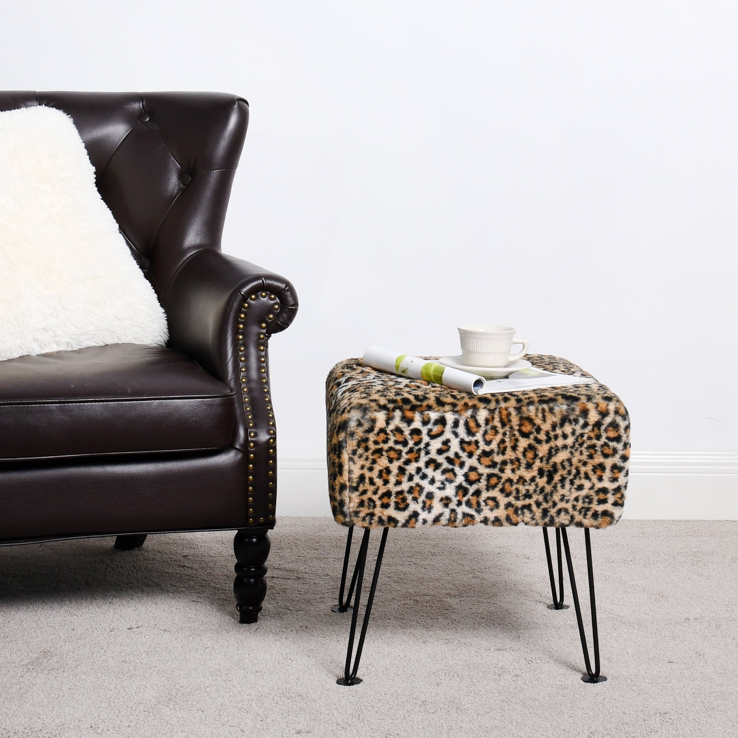 Home Soft Things Faux Fur Ottoman- Leopard Black Leg 17x17x17