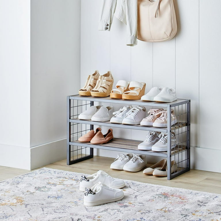 Better Homes Gardens Farmhouse 3 Tier Shoe Rack Gray 30IN Wx 12 IN Dx 18IN H Holds up to 12 Pairs Walmart