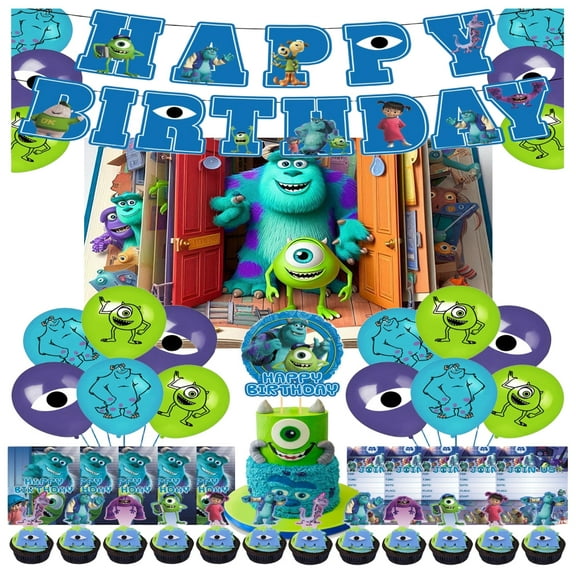 Monsters University cartoon birthday party supplies, party decorations include happy birthday banner, balloons, backdrop, cupcake toppers