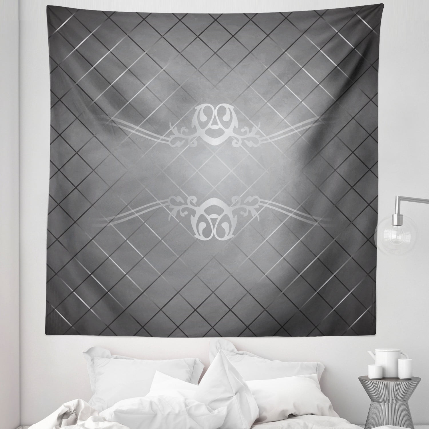 Checkered Scroll Pattern Grey Tapestry, Checkered Pattern with Scroll Detail Abstract Victorian ...