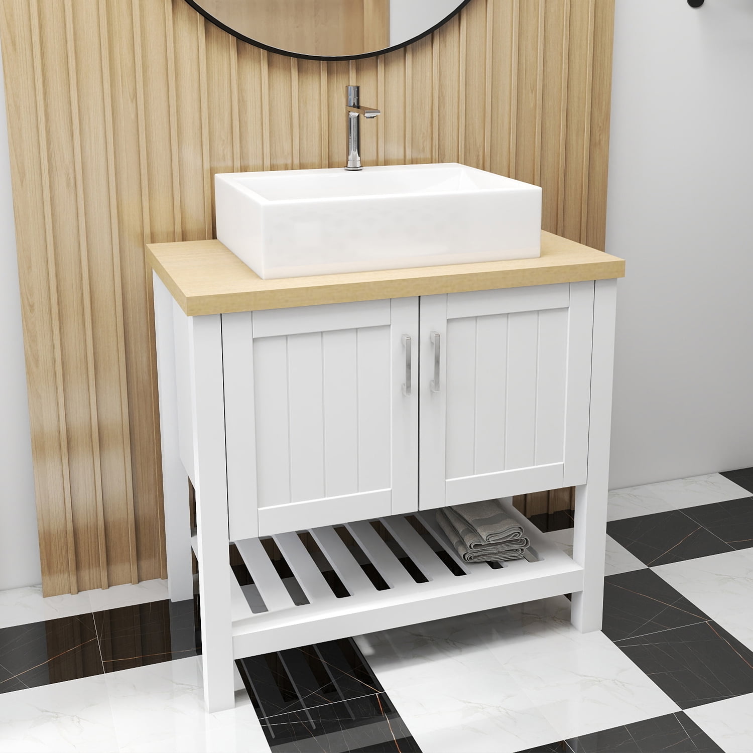 Demi Bonn 32" Bathroom Vanities Cabinet with Sink, Doors and Open Shelf, Single Bathroom Vanity Cabinet, Faucets and Drains Not Included, White