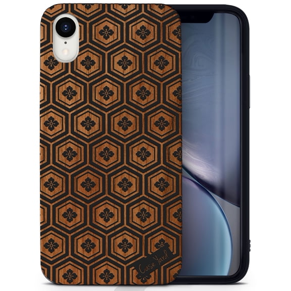 Wood phone case for iPhone XR compatible protective cell phone cover shockproof slim fit laser engraved Japanese Pattern design Black wood case for Men & Women by CaseYard