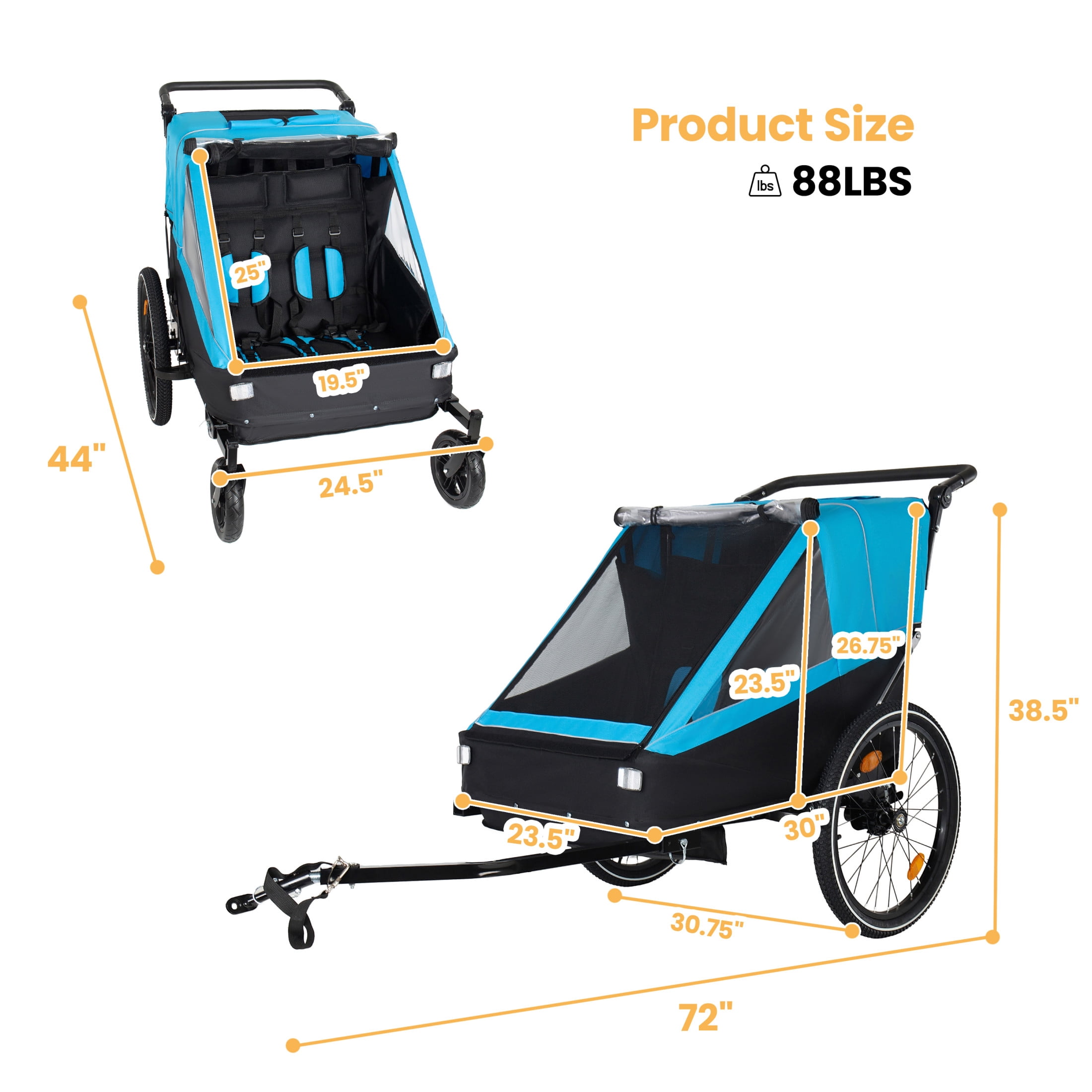 Noble House 2-in-1 Kids Bike Trailer & Jogging Stroller for 1 to 2 Children, Foldable Compact Storage Bags, Blue