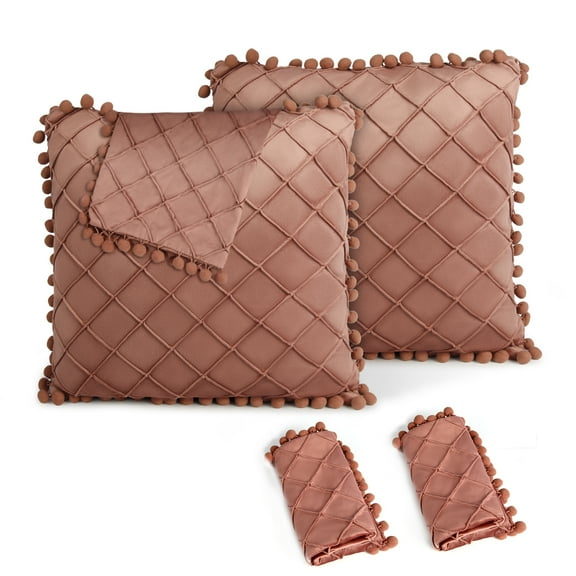 Decorative Throw Pillow Covers with Pom Poms Soft Square Velvet Pillow Case for Couch Sofa Bedroom, 18"x18"