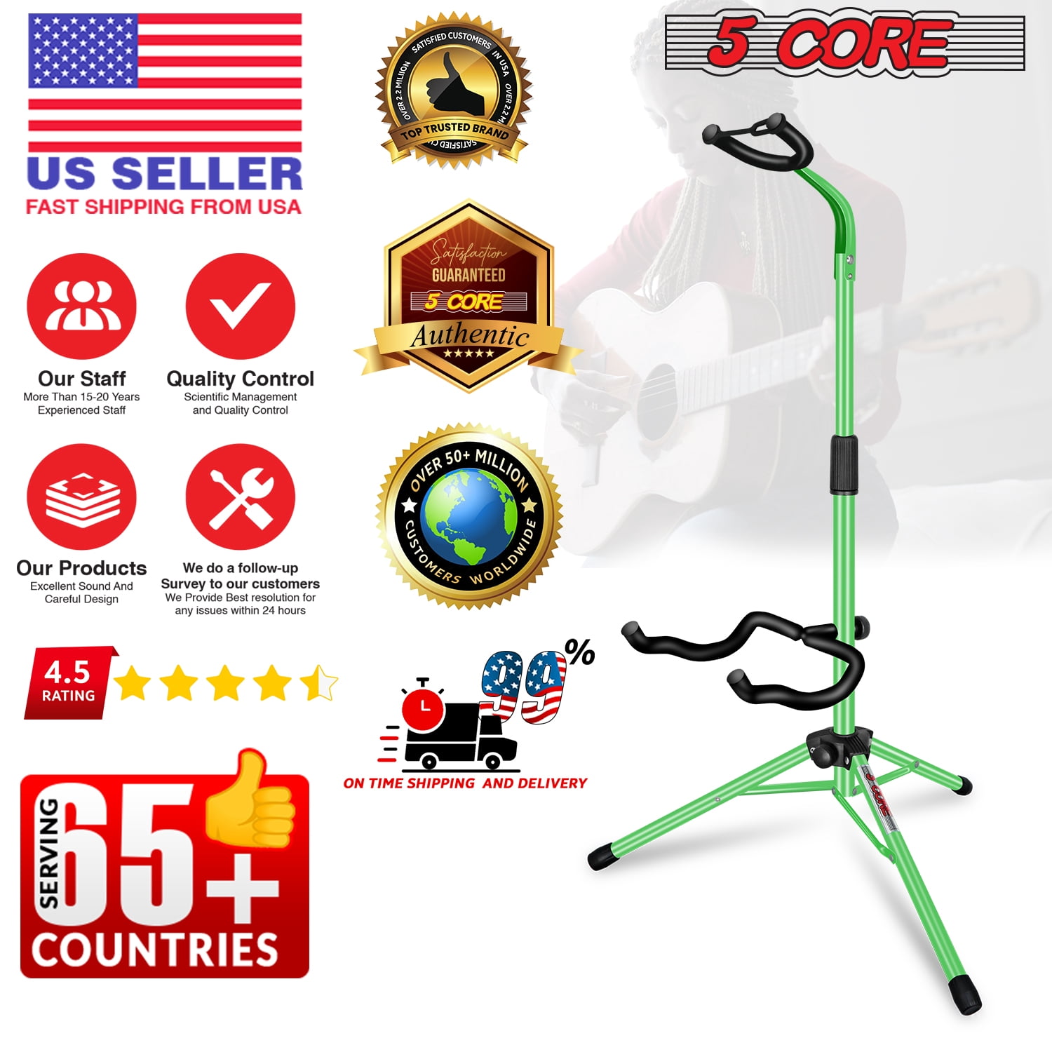 5 Core Guitar Stand Floor Adjustable Heavy Duty 2pcs w Neck Holder Universal Supports for Acoustic Electric Classic Bass Instrument Folding Portable Green - GSH HD GR 2pk