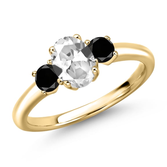Gem Stone King 10K Yellow Gold White Created Sapphire and Black Diamond Engagement Ring for Women | 1.34 Cttw | Oval 7X5MM | Gemstone September Birthstone | Size 6