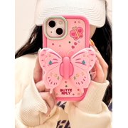 Pink Butterfly Phone Case Compatible with iPhone 11, Cute 3D Korea Dopamine Butterfly Case with Butterfly Wings Folding Stand Shockproof Silicone Soft Case