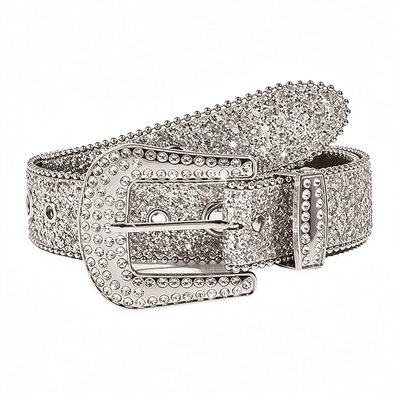OQRKI Womens-Rhinestone-Western-Cowgirl-Belt - Silver Glitter Diamond Western Belt for Jeans Pants, Sparkling Exquisite Versatile Cowgirl Belt (28''-38'' Waist)