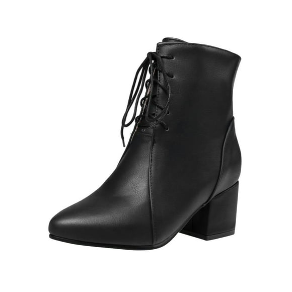 Womens Winter Warm Chunky Heel Low Tube Point Iace Up Side Zipper Ankle Boots
