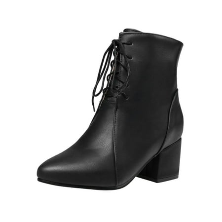 

jsaierl Women s Winter Warm Chunky Heel Low Tube Point Iace Up Side Zipper Ankle Boots