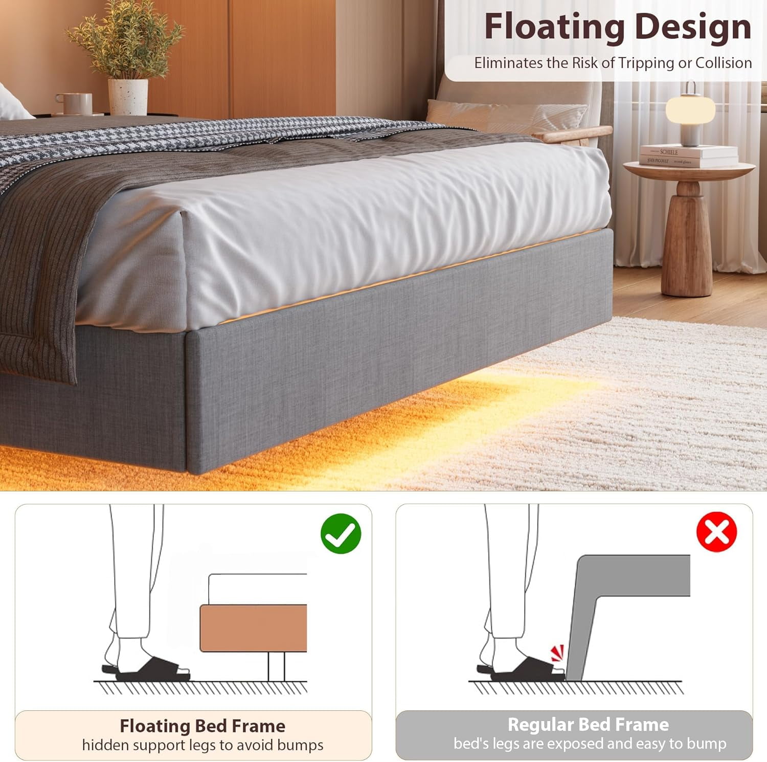 Floating Bed Frame Full with LED Lights & USB Charging, Modern Upholstered Platform, Headboard, No Box Spring, Grey