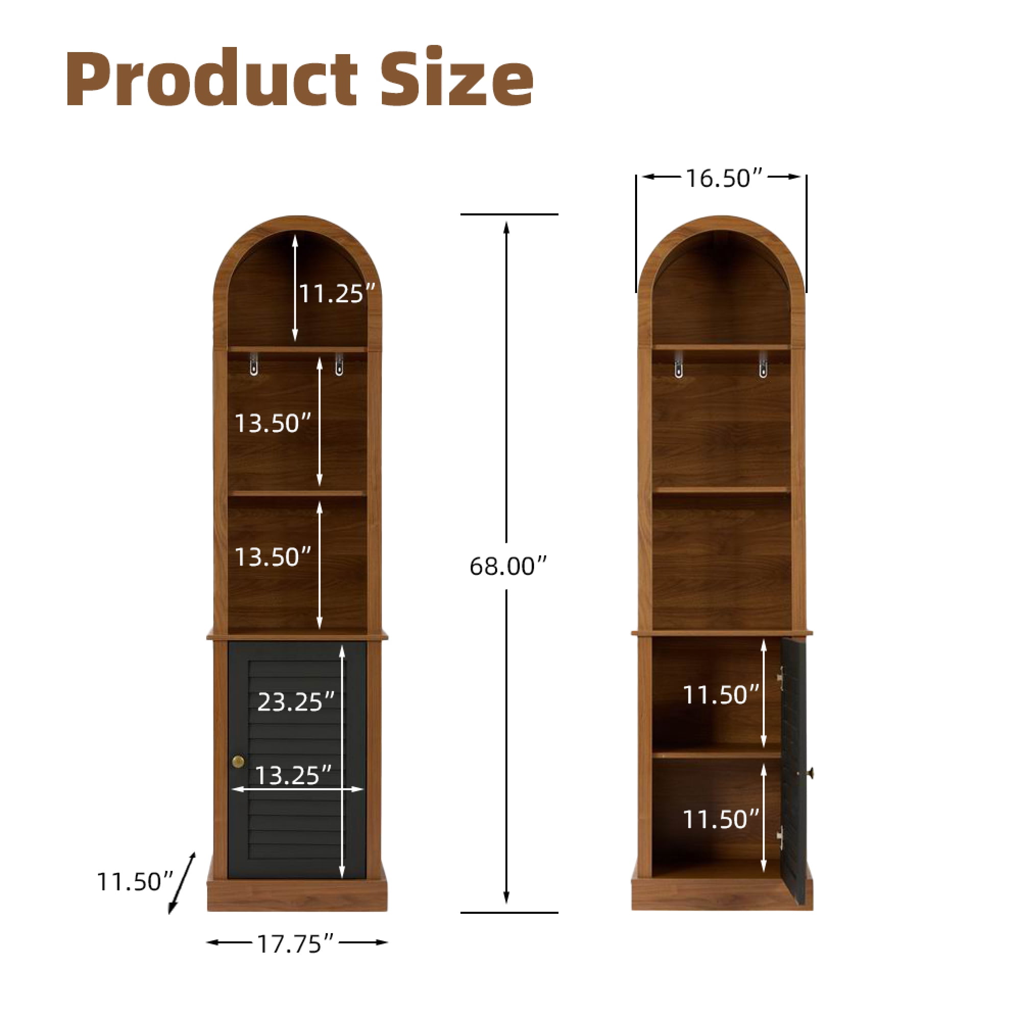 Leumius Tall Arched Corner Bookshelf with Shutter Door, Freestanding Narrow Wooden Corner Display Storage Rack, Multipurpose Corner Cabinet for Living Room, Bedroom