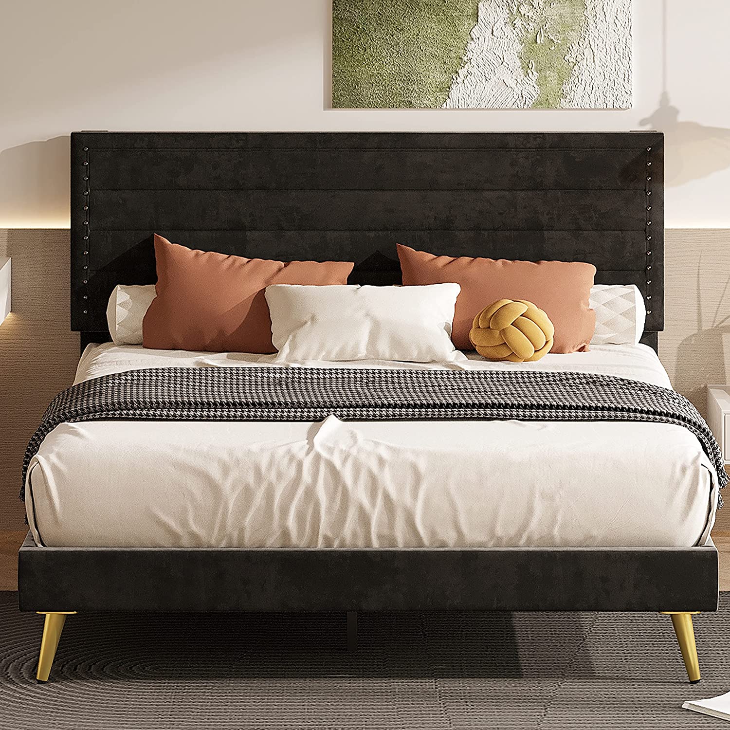 LIKIMIO Bed Frame Queen Size, Upholstered Queen Platform Bed with