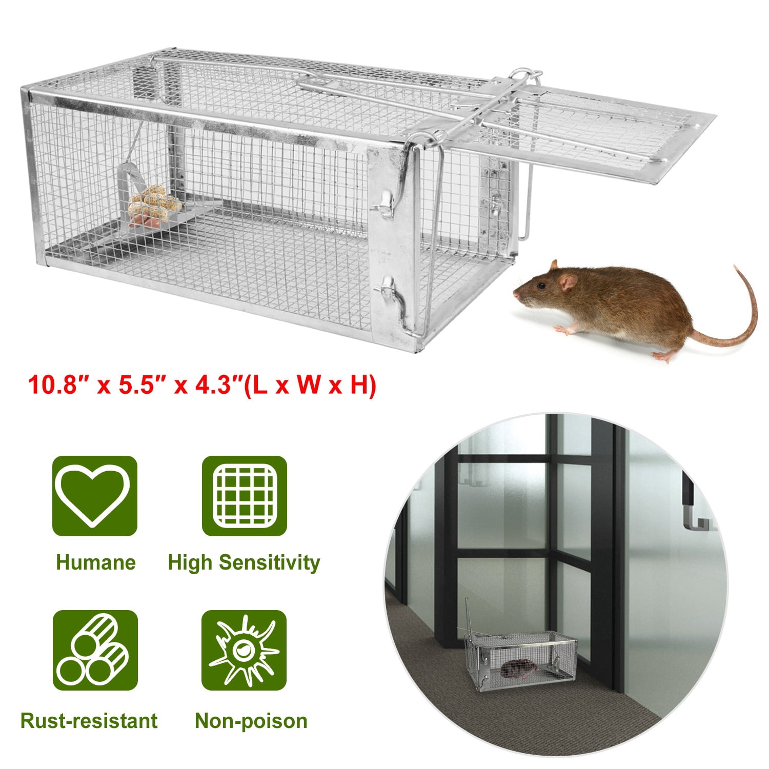 ZephyPaws Heavy Duty Squirrel Trap,Humane Live Rodent Trap Cage for Chipmunk,Rat and Other Similar-Sized Rodents -Silver