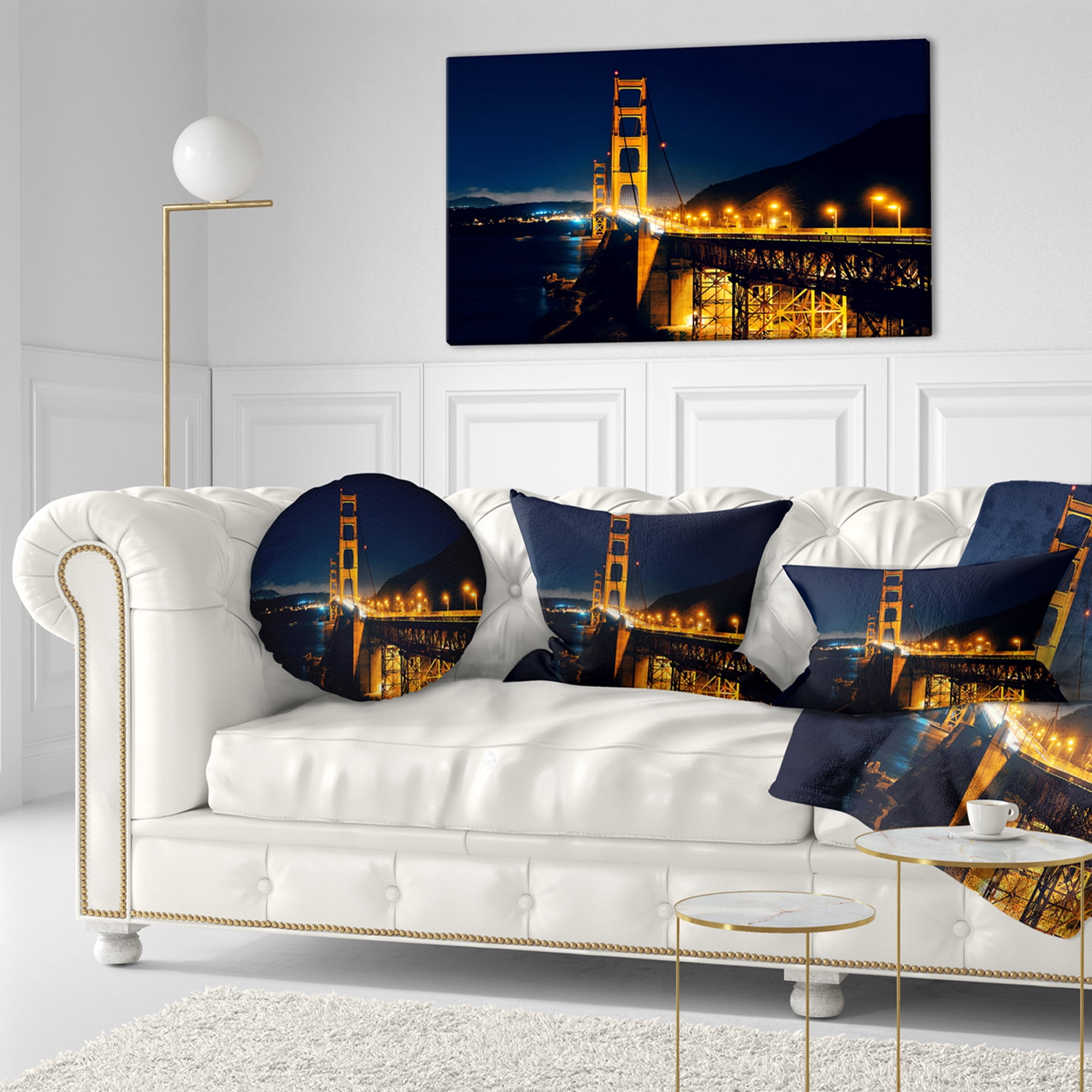 Designart Golden Gate at Night - Sea Bridge Throw Pillow - 12x20