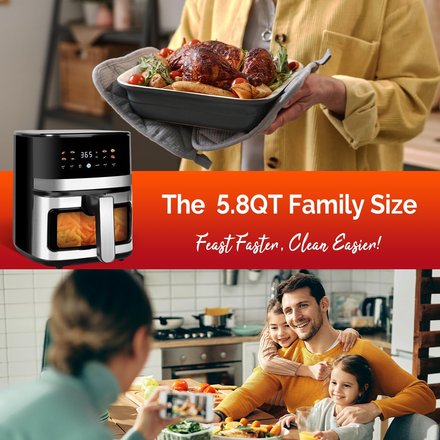 MIRASTON 5.8QT Air Fryer, 8-in-1 Touch Screen with View Window, Ideal for Home Kitchen