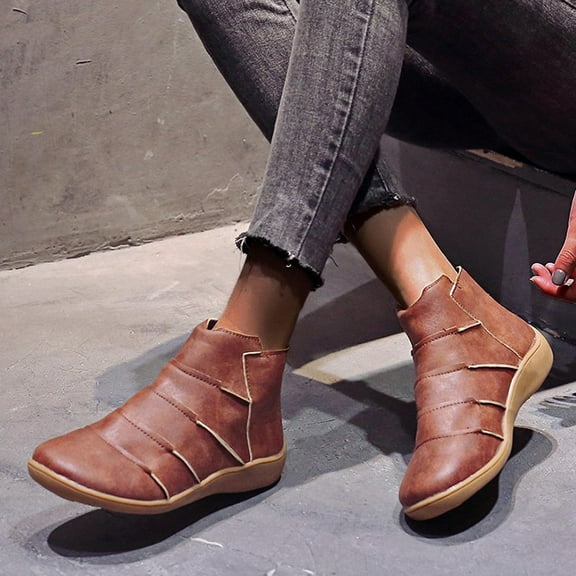 Tejiojio Fall Clearance Women's Casual Short Rear Zipper Wedge Heel Plain Leather Patchwork Boots