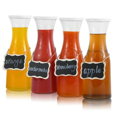 UPTRUST Set of 4 Glass Carafe with Lids , 1 Liter Beverage Pitcher Carafe for Mimosa Bar, Lemonade - 4 Wooden Chalkboard Tags Included