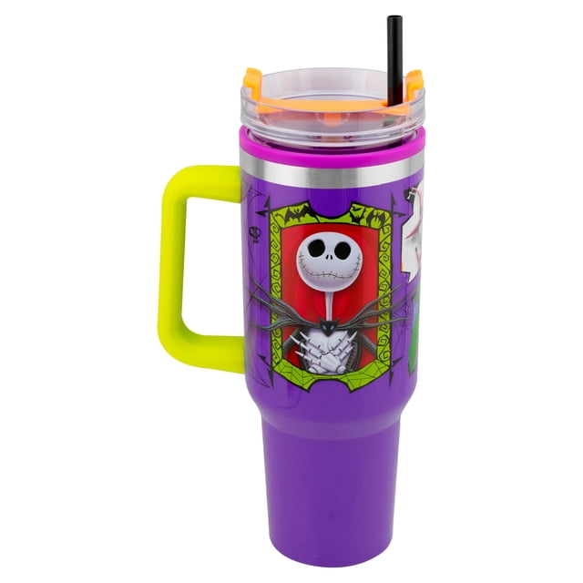 Termo Alto Doble Pared Con Asa Y Popote Jack Skellington Colección El Extraño Mundo de Jack Capacidad 1.2 L