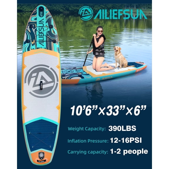 AILIEFSUN Emerald Wave 10'6”*33”*6“Ailiefsun Stand Up Paddle Board Inflatable Stable Sup Board with Fishing Paddleboards Accessories for Adults Youth Wide Non-Slip Deck Surfboard
