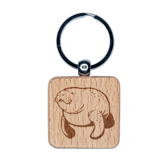 Gentle Manatee Square Keychain Charm Tag - Engraved Wood