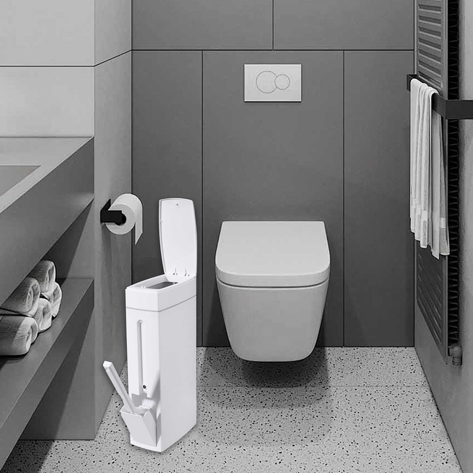 Slim Bathroom Trash Can with Lid,Small Bathroom Garbage Bin with Toilet Brush and Holder Set 4.5 Liter / 1.2 Gallon Dog Proof White Trash Can with Pop-Up Lid for Toilet, RVs