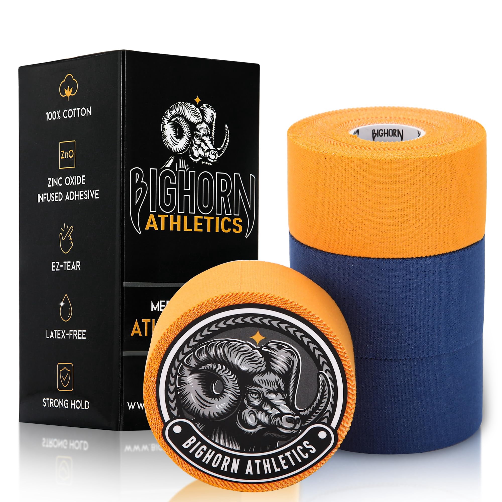 Bighorn Athletics Sports Tape & Medical Tape, Wrist Tape & Ankle Support Tape, EZ-Tear Zinc Oxide Infused Tape for Sensitive Skin, First-Aid Tape, 1.5-Inch x 45-Feet, 4 Rolls (Blue & Orange)