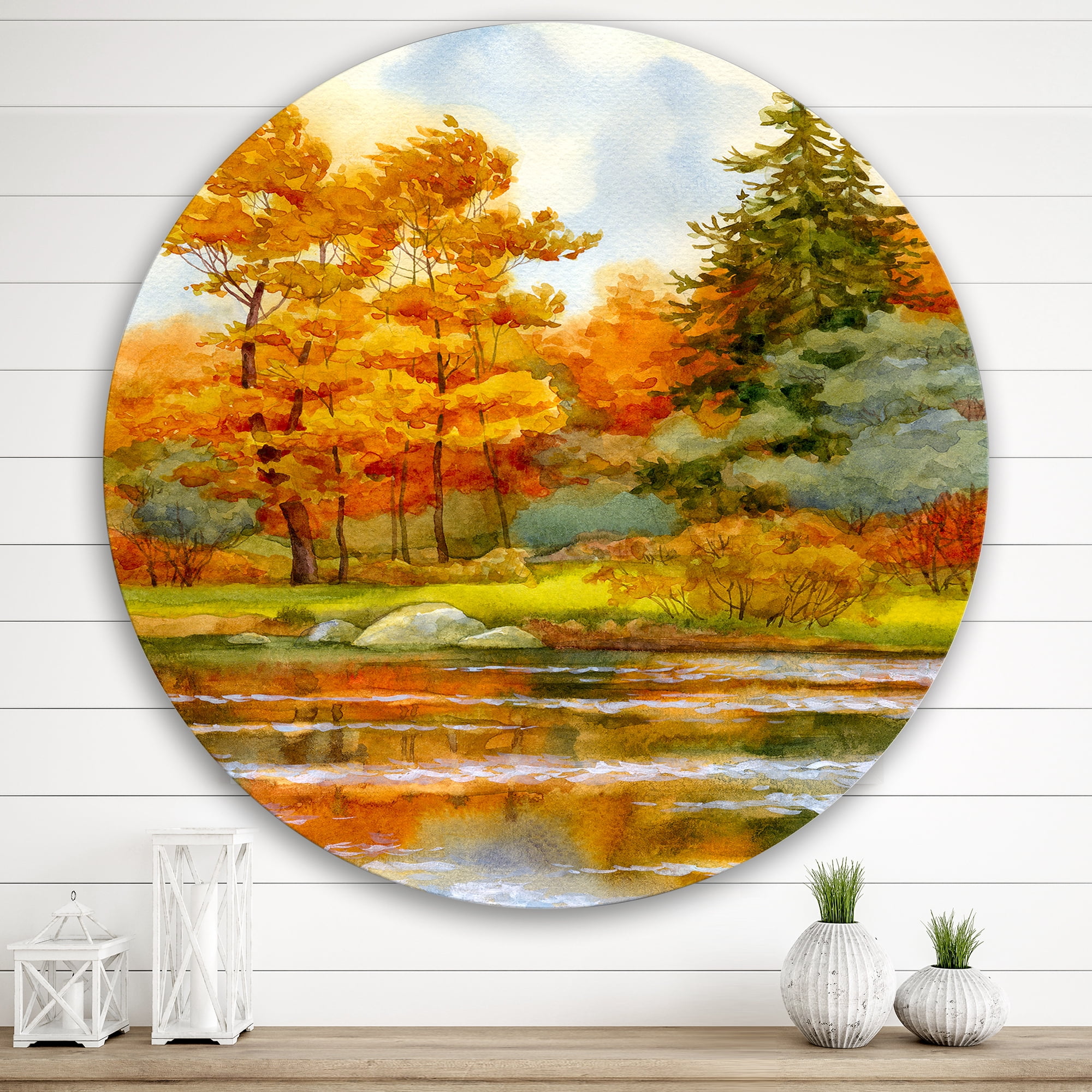 Designart 'Autumn Forest By The Lake Side III' Lake House Circle Metal Wall Art 29x29 - Disc of 29