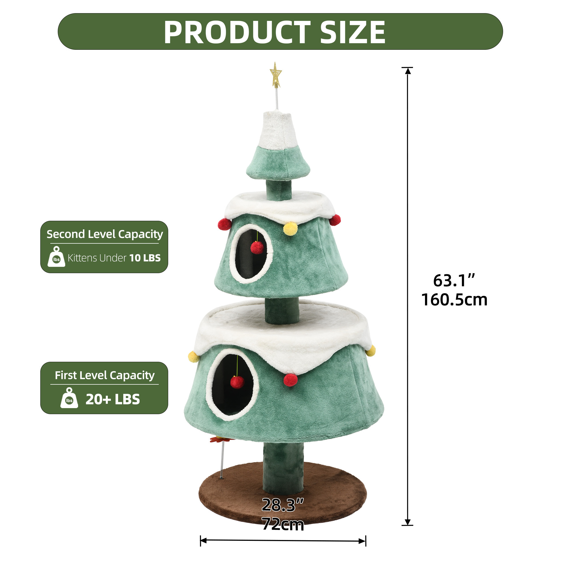 Uforic 63" H Large Christmas Cat Tree,2 Cat House with Plush Ball, Green+White