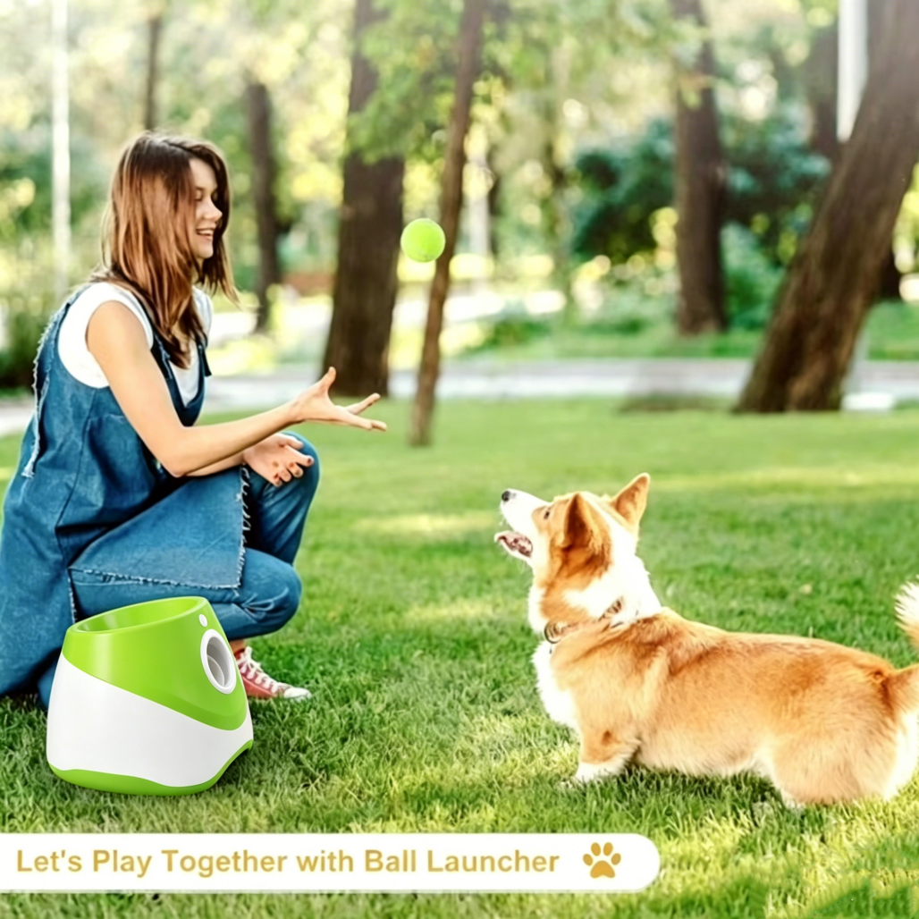 Tstiti Automatic Dog Ball Launcher with 3 Distance Settings, Includes 3 Mini Tennis Balls, Interactive Indoor Outdoor Dog Toy, Light Green