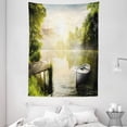 thumbnail image 1 of Nature Tapestry, Boat by the Foggy Lake Deck Dreamy Forest in the Morning Country Style Image, Wall Hanging for Bedroom Living Room Dorm Decor, 60W X 80L Inches, Olive Green White, by Ambesonne, 1 of 2