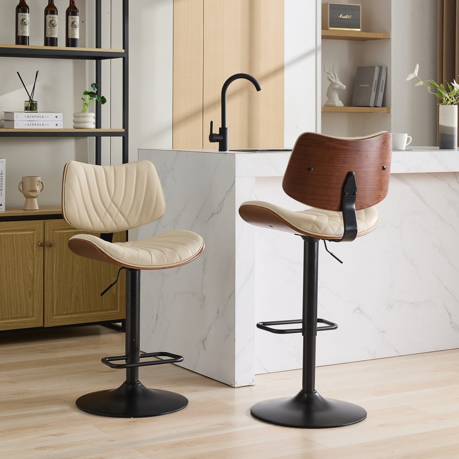 MAYEERTY Walnut Bentwood Bar Stools - Mid-Century Modern, Adjustable Height, Beige Leather, 360掳 Swivel, 1 Chair/Carton, Beige