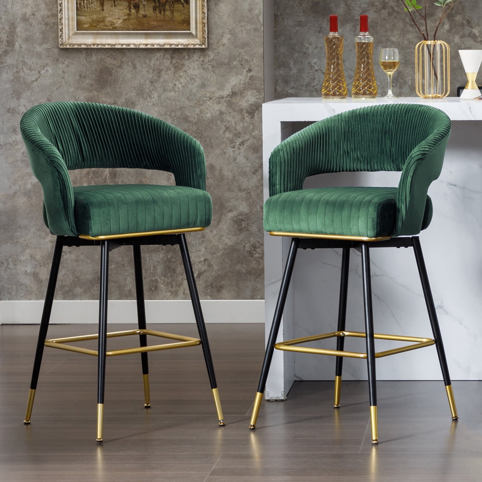 MINPINSER Set of 2 Swivel Velvet Bar Stools, Upholstered Counter Height Chairs, Green