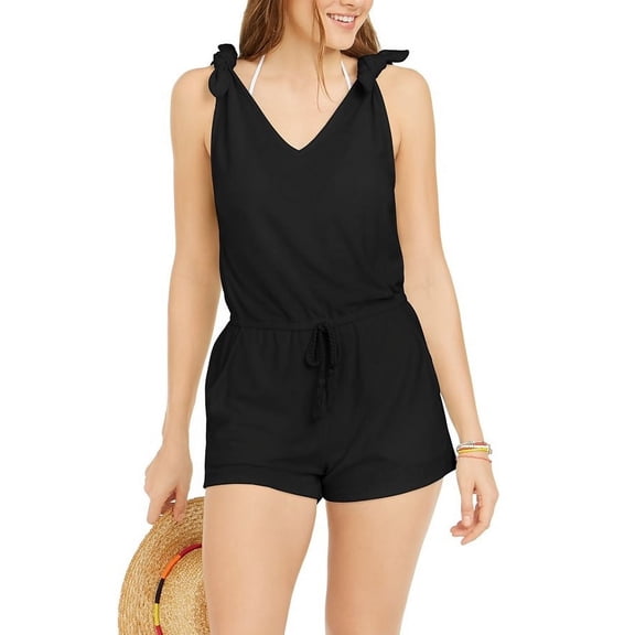 Miken BLACK Juniors' Tie-Shoulder Drawstring Textured Terry Romper, US Medium, Female