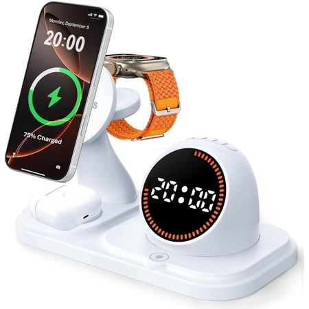 Station with Clock,6-in-1 Stand for Multiple Devices for 17 16 15 14 13 12 Pro Max, Watch, Airpods, Speaker + RGB Light