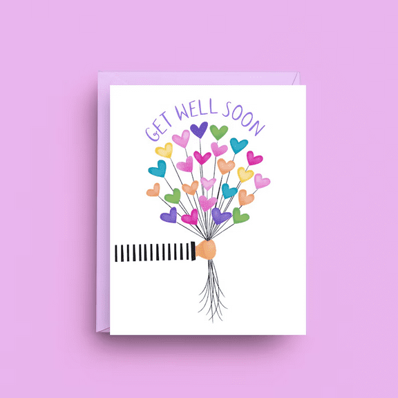 Get Well Soon Card with Colorful Heart Balloons – Brighten Someone's Day – Perfect for Recovery and Encouragement – Envelope Included