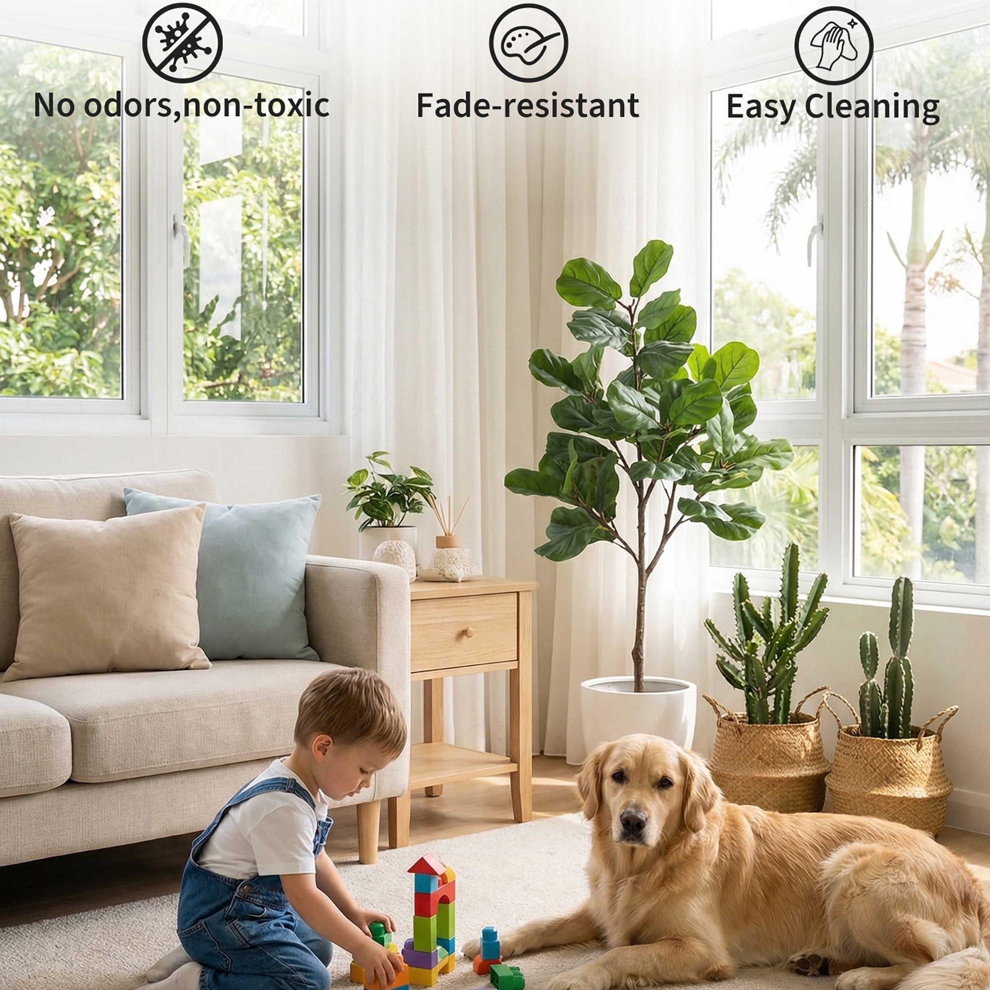 Artificial Fiddle Leaf Fig Tree 4FT Tall, Faux Ficus Lyrata Plant with Realistic Silk Leaves in Pot, Fake Floor Plant for Indoor Home Office Decor