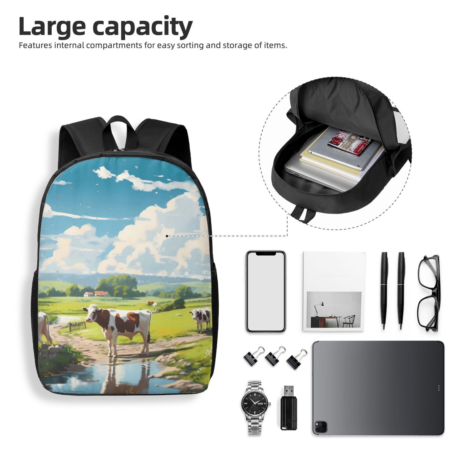 Xecao Countryside Farm Cow print Travel Backpack, Large Computer Backpack for Men Women, College School Rucksack Book Bag