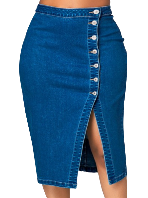 knee length denim skirt with front split