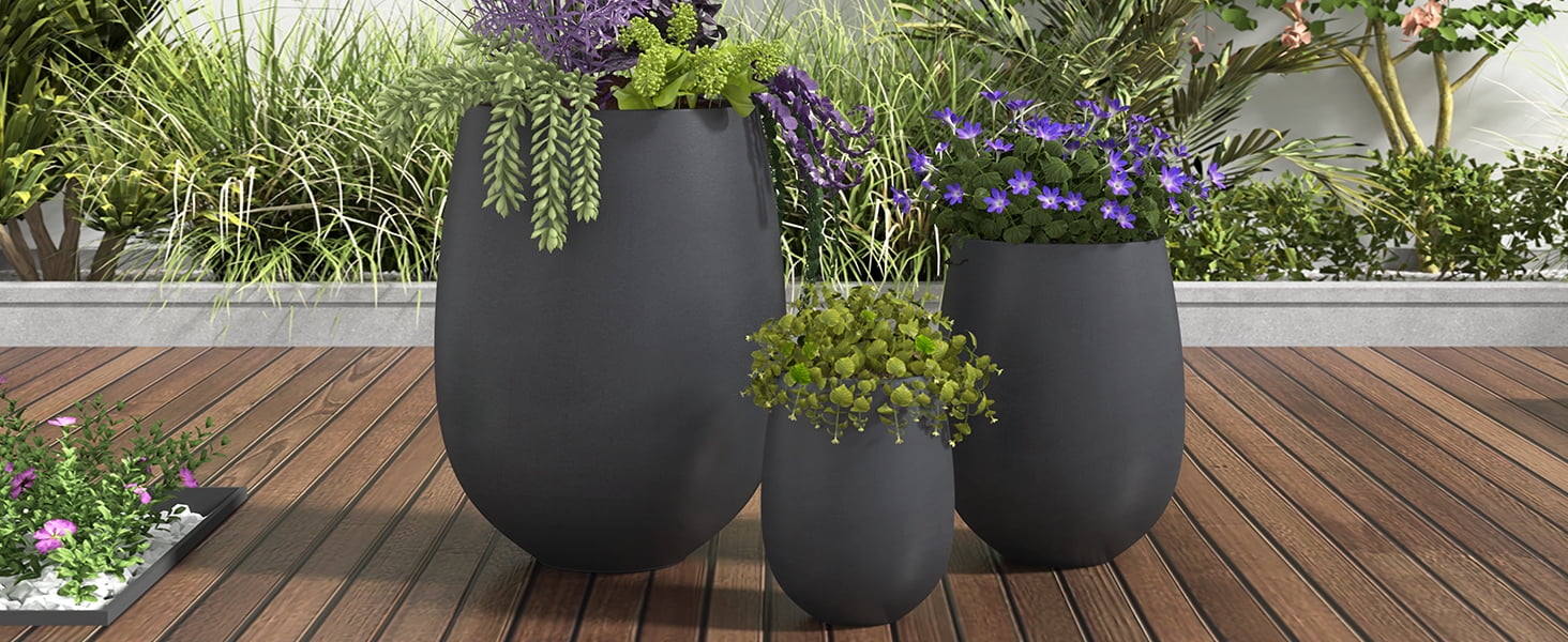 Mintazer Modern Planter Set of 3, 15.6"/10.74"/7.3" Round Stackable Flower Pots with Drainage Holes, Decorative Plant Pots for Indoor & Outdoor, Black