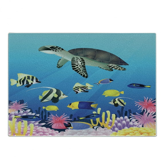Ocean Cutting Board, Sea Turtle Putterfish Clownfish Swimming Subaquatic Tropical Life Fins Seaweed Print, Decorative Tempered Glass Cutting and Serving Board, Small Size, Multicolor, by Ambesonne