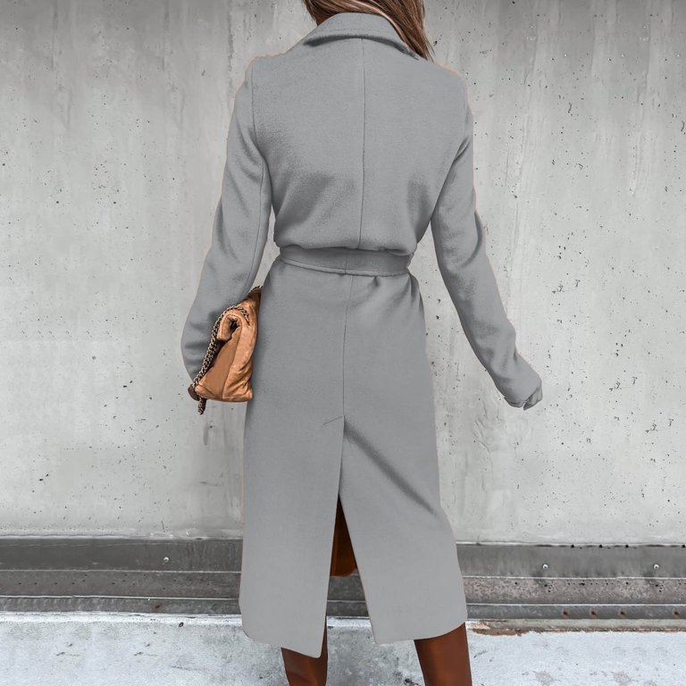 Hfyihgf Womens Classic Faux Wool Coat Lapel Collar Thin Trench