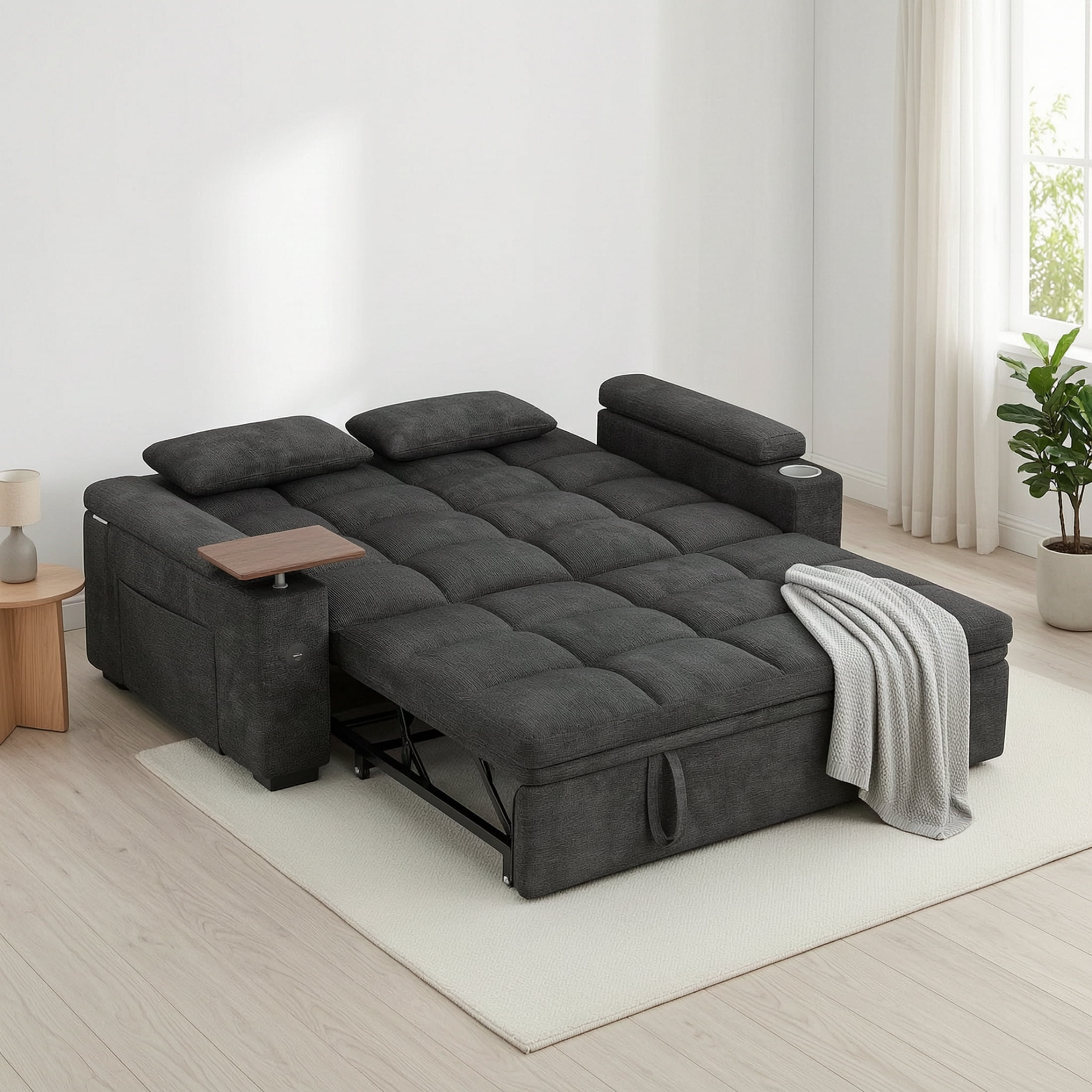 Vinform 65" Sleeper Sofa Bed, 3 in 1 Convertible Pull-Out Loveseat with Side Storage & Arm Table & Cup Holder, Blue