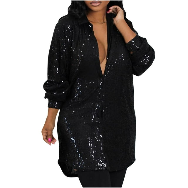 AherBiu Robe à Paillettes pour Femmes à Manches Longues, Boutonnée, Col à Revers, Col en V, Scintillante, Tenue de Boîte de Nuit, Robe Courte de Soirée