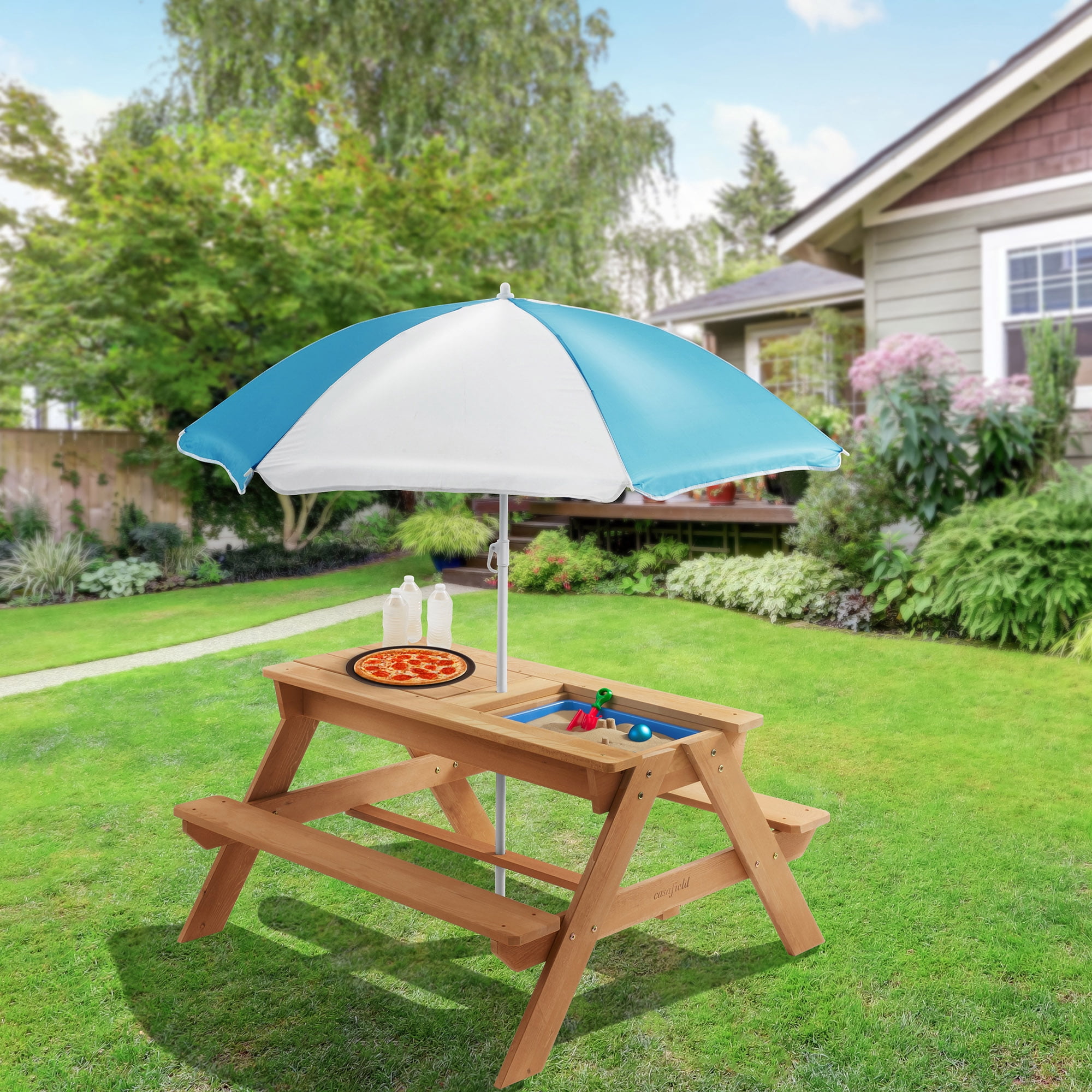 Children's Sand and Water Activity Table, 3-in-1 Wooden Outdoor Picnic Table with Umbrella and Play Boxes